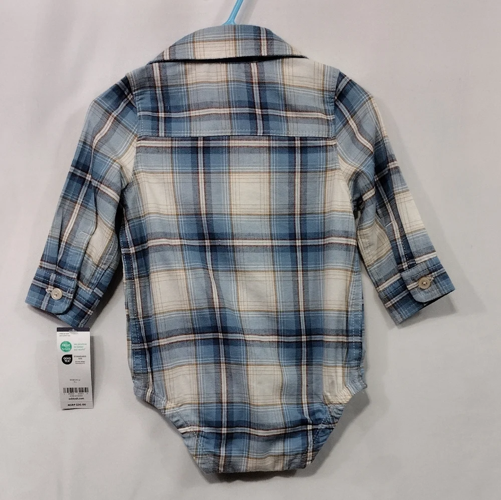 NWT OshKosh B'gosh Baby Boy Plaid Button-front Bodysuit 9M Blue Western Retro